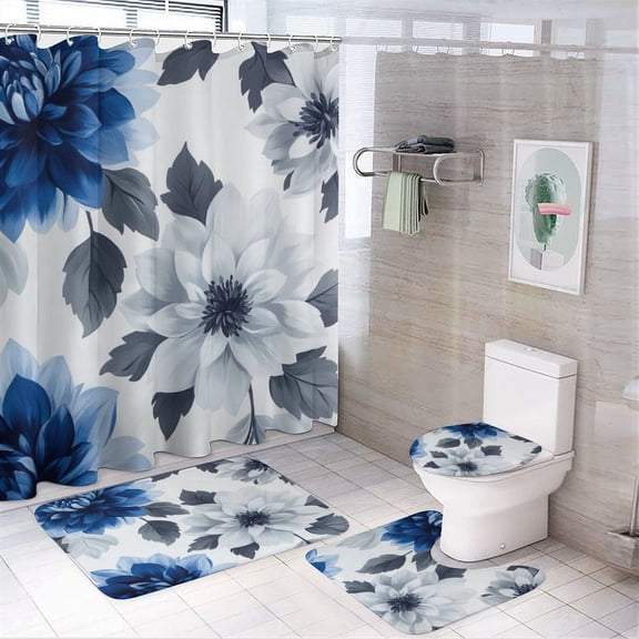 Shower Curtain Sets with Rugs 4 Piece Non-Slip Rugs And Toilet Mat Lid Rug Accessories Blue And Grey Dahlia Flower Waterproof Fabric Bath Curtains Vintage Floral Seasonal Summer for Bathroom Decor