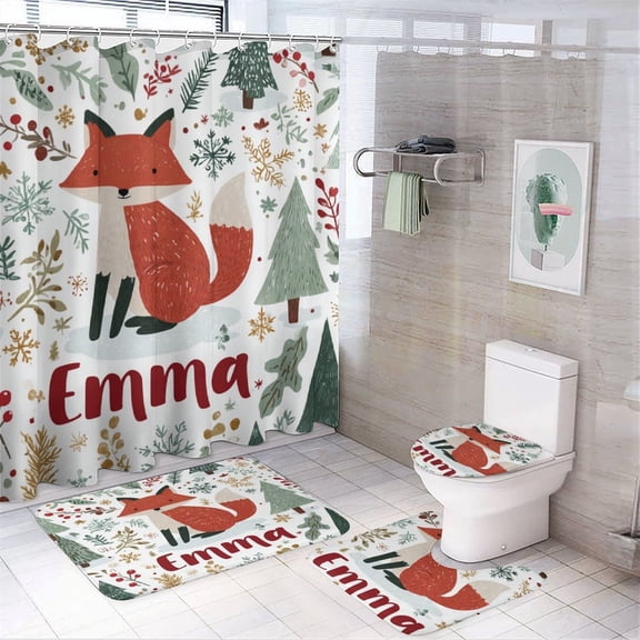 Shower Curtain Sets with Rugs 4 Piece Personalised Scandi Fox Rug Toilet Lid Cover And Non-Slip U Shape Mat Custom Baby Boy First Christmas Shower Curtain with 12 Hooks for Bathroom Decor Set