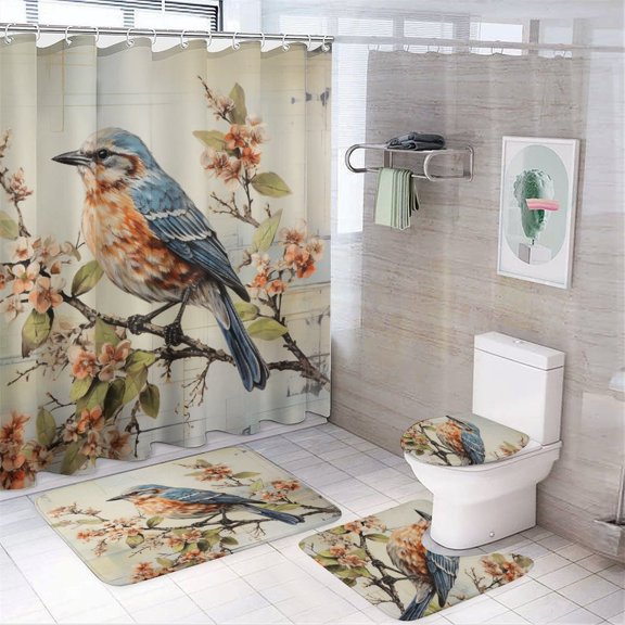 Shower Curtain Sets with Rugs 4 Piece Retro Vintage Bird French Country Tuscan Style Rug Toilet Lid Cover And Non-Slip U Shape Mat Dream Birds Bathroom Shower Curtains Sets for Bathroom Decor