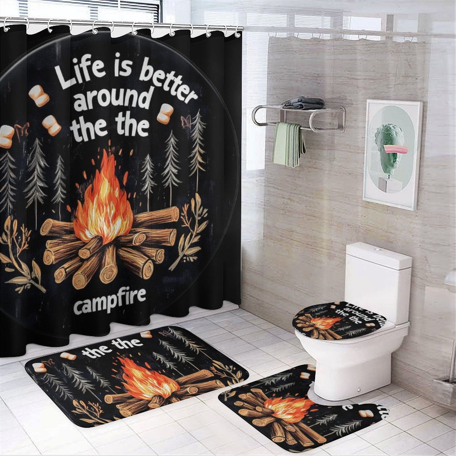 Shower Curtain Sets with Rugs 4 Piece with Rugs Include Waterproof Shower Curtain Non-Slip Rug Toilet Lid Cover Bath Mat Life Is Better Around The Campfire Durable and Waterproof Happy Camper