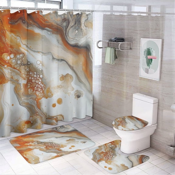 Shower Curtain Sets with Rugs 4 Piece Shower Curtain And Rugs Shower Curtain Set Orange And Grey Abstract Art Durable and Waterproof Grey Burnt Orange Abstract Art Painting for Bathtub Decor