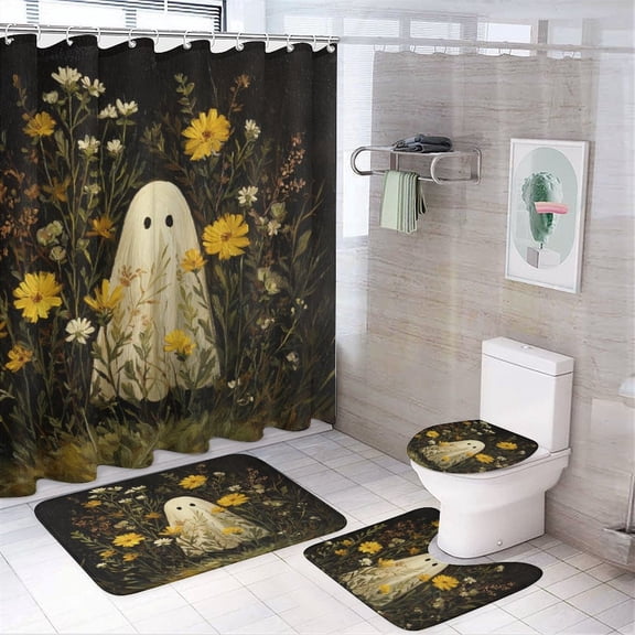 Shower Curtain Sets with Rugs 4 Piece Shower Curtain Set with Rugs Cute Ghost And Wildflowers Durable And Waterproof Happy Halloween Holiday for Bathroom Decor Sets