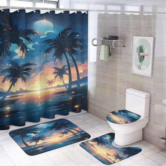 Shower Curtain Sets with Rugs 4 Piece Summer Sunset Bathroom Decor Set with Non-Slip Rugs Toilet Lid Cover And Bath Mat Tropical Beach Ocean Sea Palm Tree Bathroom Decor Sets for Bathtub Decor