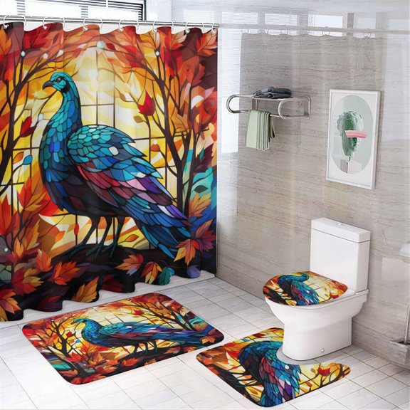 Shower Curtain Sets with Rugs 4 Piece Thanksgiving Turkey with Fall Autumn Maple Leaf Abstract Bathroom Sets with Shower Curtain And Rugs 4 Piece Fall Decor Grateful Thanksgiving 12 Plastic Hooks