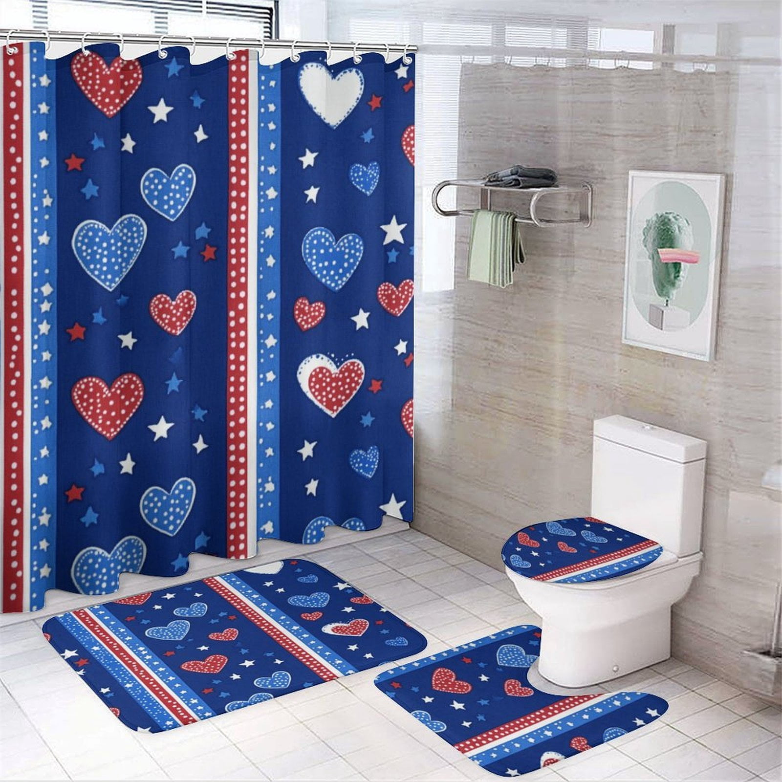 Shower Curtain Sets with Rugs 4 Piece USA Hearts & Stars Bathroom Sets with Curtain Rug Toilet Cover And U Shaped Mat Memorial Day Decorations Farmhouse Bathroom Shower Set for Bathroom Decor