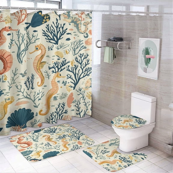 Shower Curtain Sets with Rugs 4 Piece Underwater Coral Reef Seahorses Shells Shower Curtain Set with Rugs Ocean Themed Seashell Coral Seahorse 12 Plastic Hooks for Bathroom Decor 72inch X 72inch