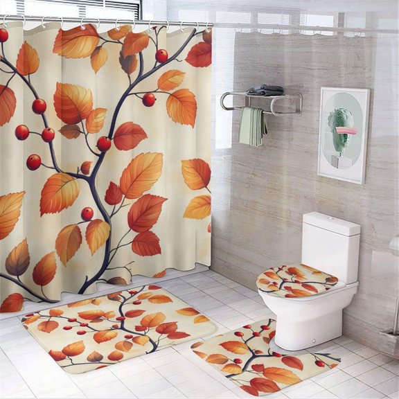 Shower Curtain Sets with Rugs, Autumn Leaf and Berry Pattern Printed on Modern Shower Curtains for Bathroom Set, Ideal for Bathroom Apartment RV College Dorm, 72 x 72 inches