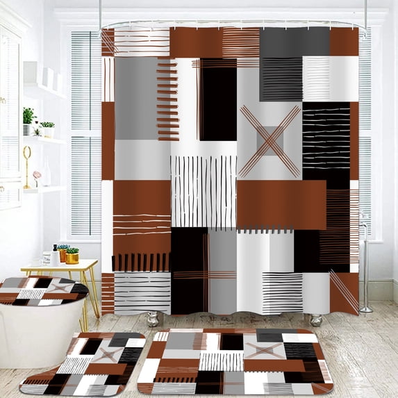 All Smiles 4-Piece Bathroom Sets Shower Curtain Set with Non-Slip Rug and Toilet Lid Cover,Brown