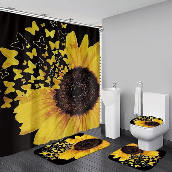 Shower Curtain Sets with Rugs 4 Piece Butterfly Sunflower Bathroom Sets Decor Accessories Include Non-Slip Rug Toilet Lid Cover Bath Mat and 12 Hooks