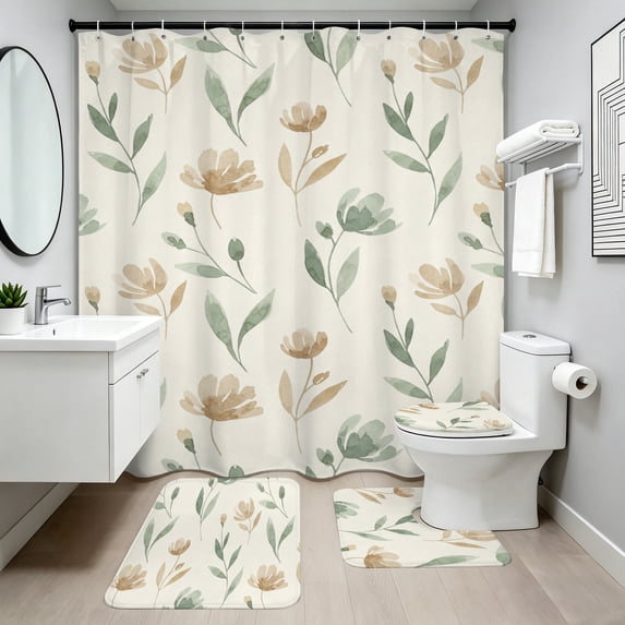 Shower Curtain Sets with Rugs, Farmhouse Floral Bathroom Sets, Waterproof Bathroom Curtain Decor with Hooks, 72x72inch