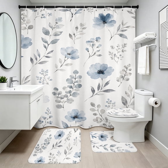 Shower Curtain Sets with Rugs, Farmhouse Floral Bathroom Sets, Waterproof Bathroom Curtain Decor with Hooks, 72x72inch