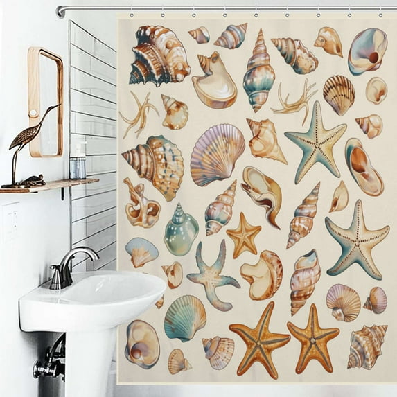 Shower Curtain Shells Starfish Marine Pattern Bath Curtain Polyester Fabric Bathroom Ration With Hooks