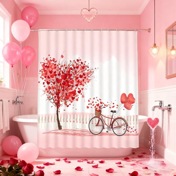 Shower Curtain Shower Curtain Polyester Waterproof Bathroom Decor with Hooks Valentine's Day Shower Curtain Heart Tree Rose Romantic Bath Curtain Bathroom Set Bathroom Decor