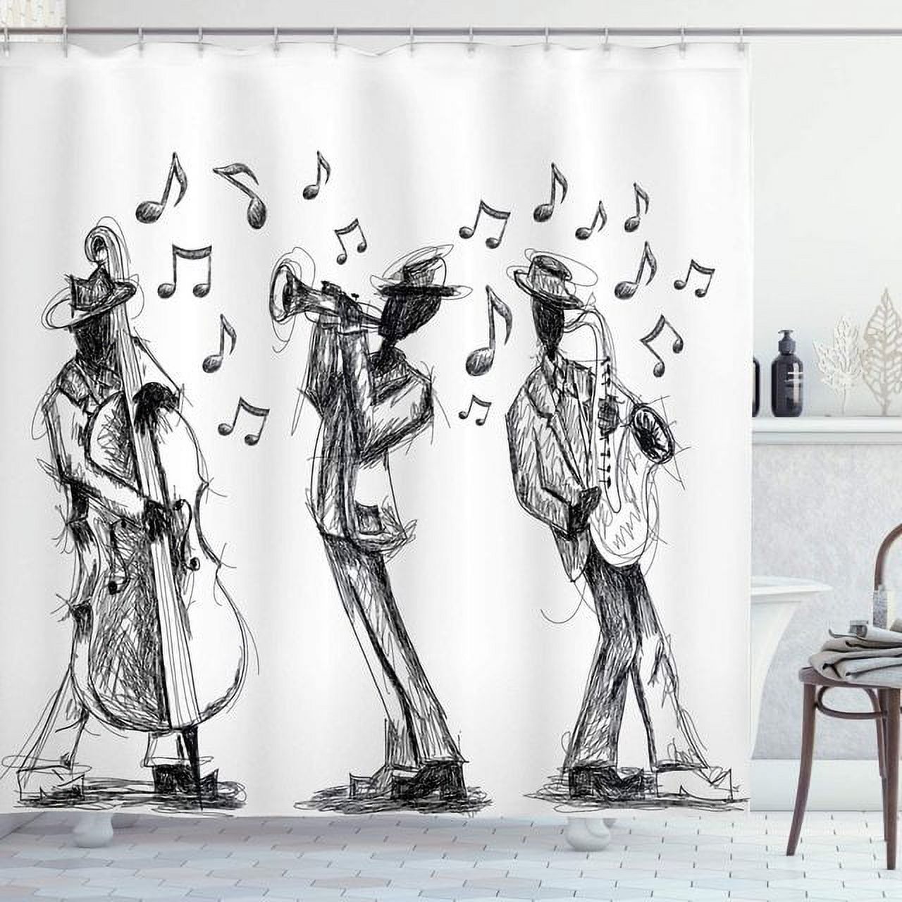 Shower Curtain Sketch Style of a Jazz Band Playing Music with