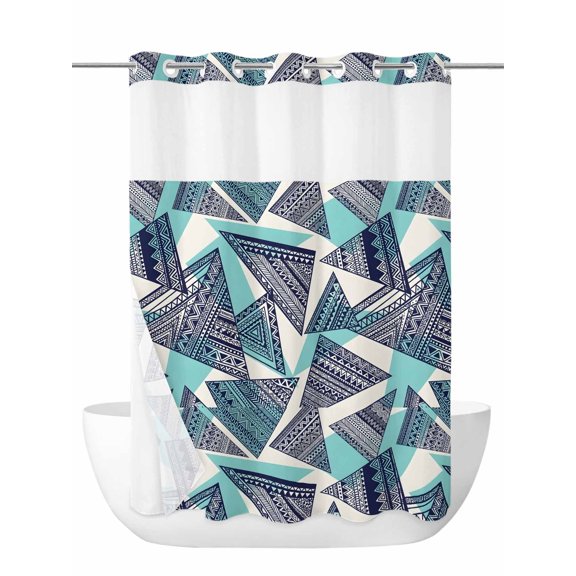 Shower Curtain with Snap-in Liner - 60W x 72H,Abstract Tribal Triangle Pattern No Hook Shower Curtains with Mesh Top Window,Waterproof Bathroom Curtain Set,Rustic Geometric Art