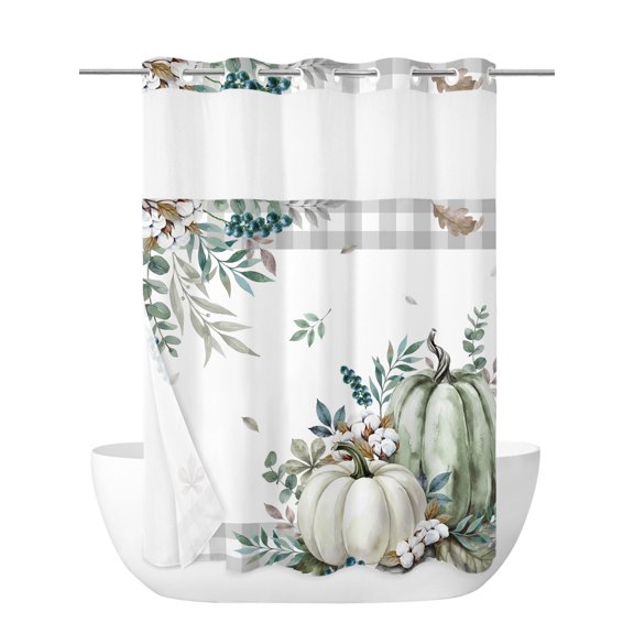Shower Curtain with Snap-in Liner - 60W x 72H,Fall Thanksgiving Pumpkin Leaf No Hook Shower Curtains with Mesh Top Window,Waterproof Bathroom Curtain Set,Farm Cotton Berry Gray Plaid