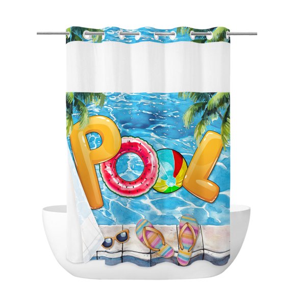 Shower Curtain with Snap-in Liner - 60W x 72H,Summer Vacation Swimming Pool No Hook Shower Curtains with Mesh Top Window,Waterproof Bathroom Curtain Set,Sunglasses Slippers Palm Tree