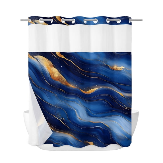 Shower Curtain with Snap-in Liner - 72W x 72H,Seamless Abstract Wavy Line No Hook Shower Curtains with Mesh Top Window,Waterproof Bathroom Curtain Set,Gold Royal Blue Texture