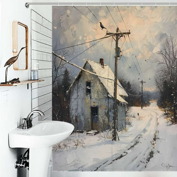 Shower Curtain Snowy Lane Country House Polyester Waterproof Home Ration Curtain With Hook