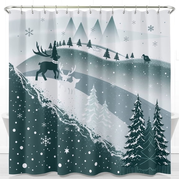 Shower Curtain - Snowy Mountain Scene with Reindeer & Snowflakes - Cozy Gray-Green & Teal Design