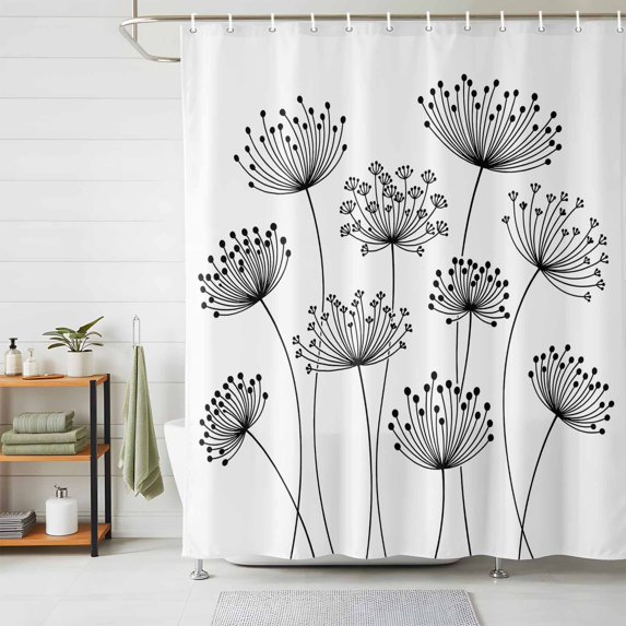 Shower Curtain Spring Black Dandelion Shower Curtains for Bathroom Decor, Waterproof Polyester Shower Curtain Set with Hooks, Small Stall Size 36" x 72" White