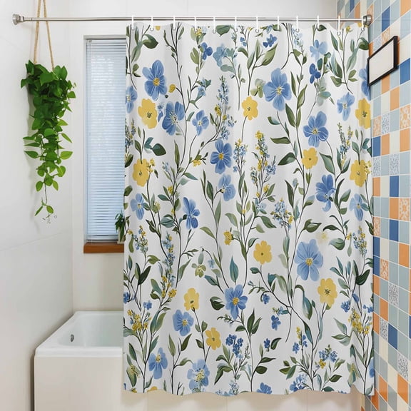 Shower Curtain, Spring Blue Yellow Flowers Leaves Waterproof Polyester Fabric Bath Curtain with Hooks for Bathroom Bathtub Stalls, Garden Plant 36x72IN