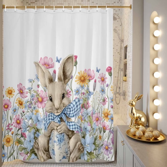 Shower Curtain, Spring Colorful Blossom Flower Waterproof Shower Curtain Set with Hooks for Bathroom Showers,Stalls and Bathtubs,72x72In Easter Rabbit Floral