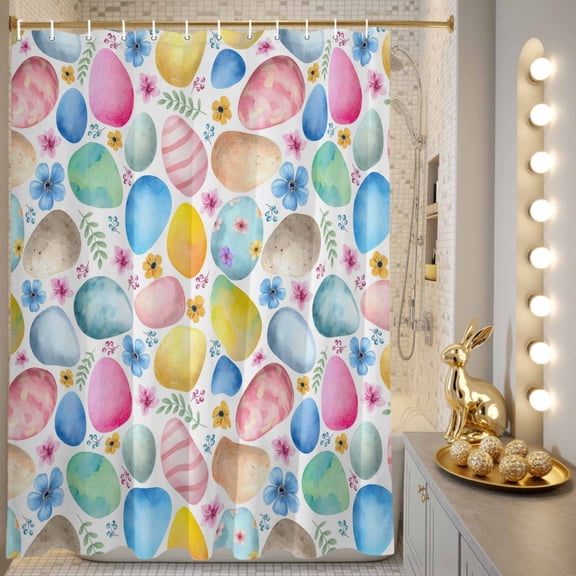Shower Curtain, Spring Easter Colored Eggs Waterproof Shower Curtain Set with Hooks for Bathroom Showers,Stalls and Bathtubs,72x72In Country Flowers Grass