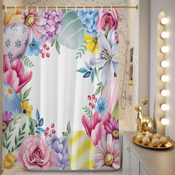 Shower Curtain, Spring Easter Eggs Daisy Tulips Waterproof Shower Curtain Set with Hooks for Bathroom Showers,Stalls and Bathtubs,72x72In Farm Floral Art