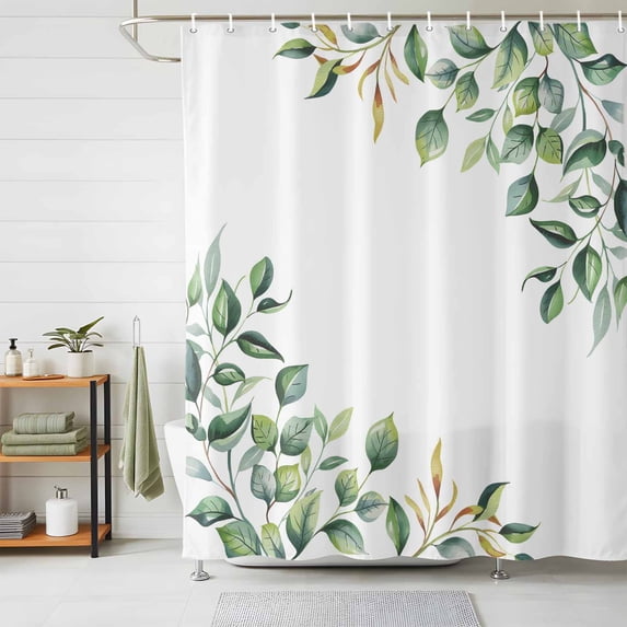 Shower Curtain Spring Eucalyptus Leaves Shower Curtains for Bathroom Decor, Waterproof Polyester Shower Curtain Set with Hooks, Extra Long 72" x 78" Green Leaf White