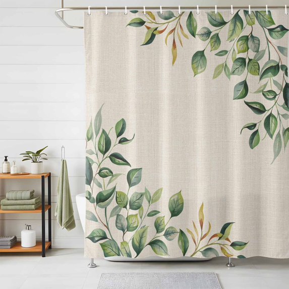 Shower Curtain Spring Eucalyptus Leaves Shower Curtains for Bathroom Decor, Waterproof Polyester Shower Curtain Set with Hooks, Standard Size 72" x 72" Green Leaf Beige