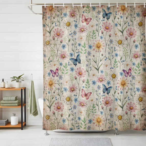 Shower Curtain Spring Flowers Butterfly Shower Curtains for Bathroom Decor, Waterproof Polyester Shower Curtain Set with Hooks, Extra Long 72" x 78" Vintage Floral
