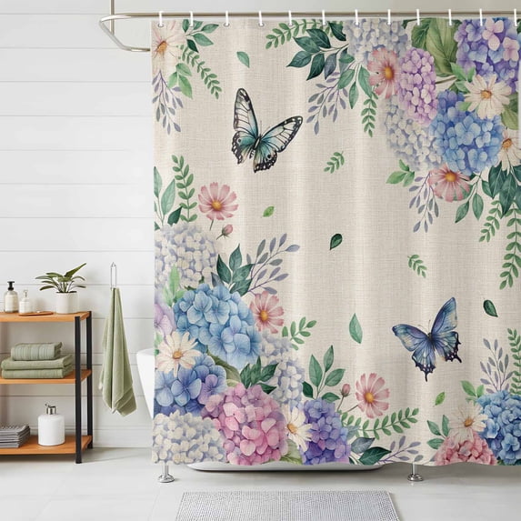 Shower Curtain Spring Flowers Butterfly Shower Curtains for Bathroom Decor, Waterproof Polyester Shower Curtain Set with Hooks, Small Stall Size 36" x 72" Green Leaf Linen
