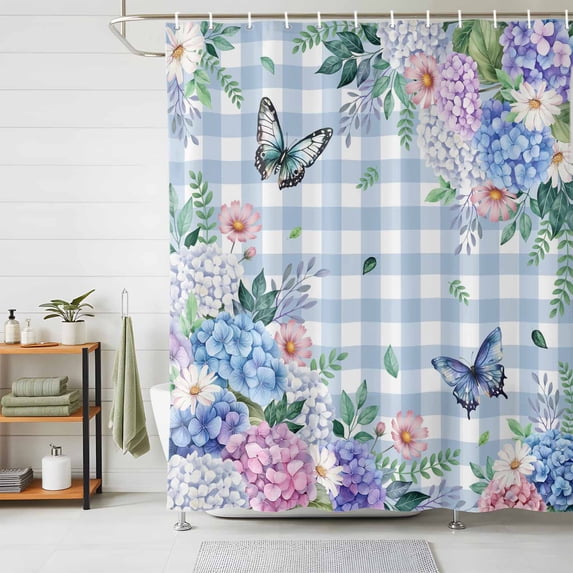 Shower Curtain Spring Flowers Butterfly Shower Curtains for Bathroom Decor, Waterproof Polyester Shower Curtain Set with Hooks, Standard Size 72" x 72" Green Leaf Blue Plaid