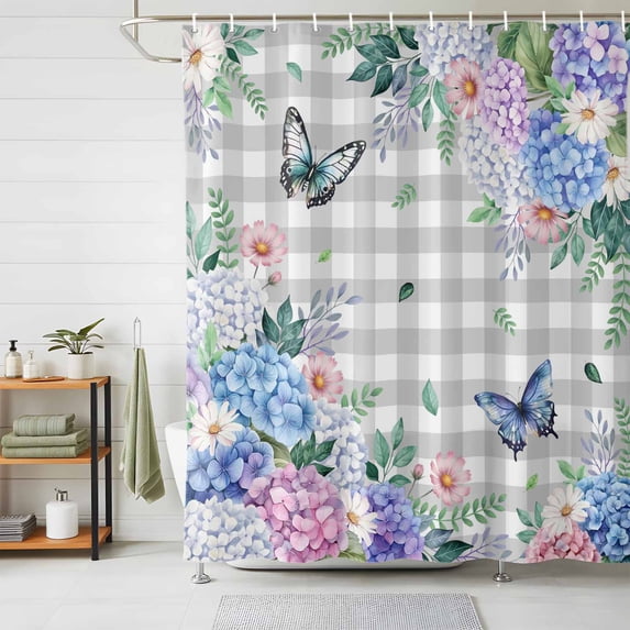 Shower Curtain Spring Flowers Butterfly Shower Curtains for Bathroom Decor, Waterproof Polyester Shower Curtain Set with Hooks, Standard Size 72" x 72" Green Leaf Grey Plaid
