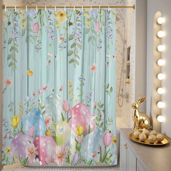 Shower Curtain, Spring Pastoral Flower Leaf Waterproof Shower Curtain Set with Hooks for Bathroom Showers,Stalls and Bathtubs,72x72In Easter Egg Green Wood Plank