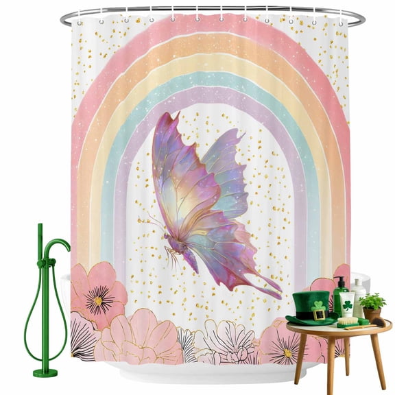 Shower Curtain, Spring Pink Flower Butterfly Waterproof Shower Curtain Set with Hooks for Bathroom Showers,Stalls and Bathtubs,36x72In Blossom Floral Rainbow Stripe