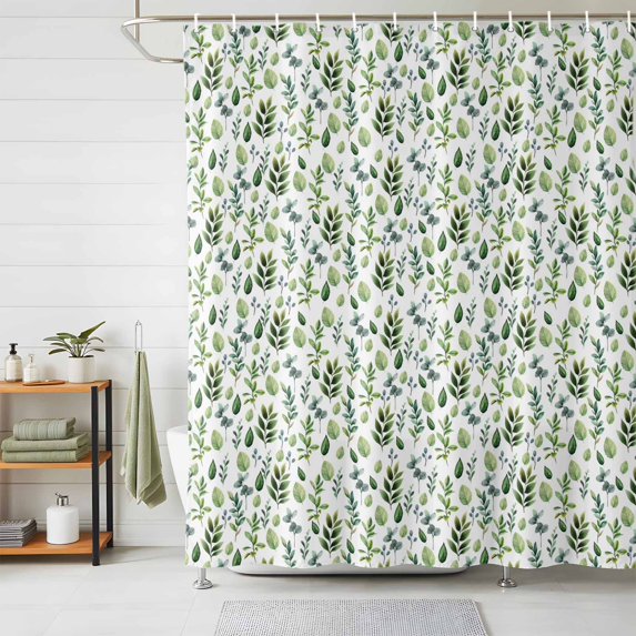 Shower Curtain Spring Plant Green Leaf Shower Curtains for Bathroom Decor, Waterproof Polyester Shower Curtain Set with Hooks, Small Stall Size 36" x 72" Watercolor Leaves White