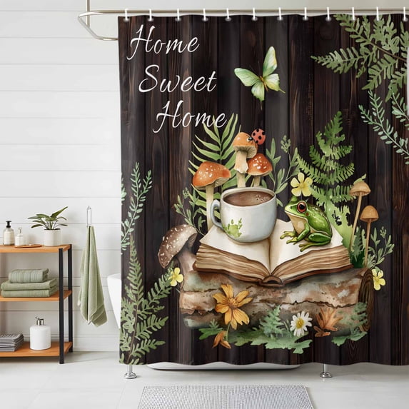 Shower Curtain Spring Plant Mushroom Shower Curtains for Bathroom Decor, Waterproof Polyester Shower Curtain Set with Hooks, Small Stall Size 36" x 72" Bread Coffee Frog Book