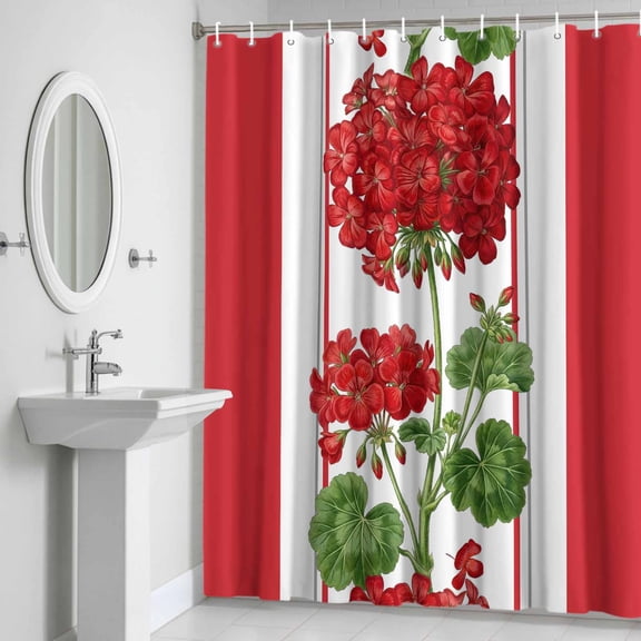 Shower Curtain, Spring Summer Flowers Geranium Waterproof Shower Curtain Set with Hooks for Bathroom Showers,Stalls and Bathtubs,72x72In Red Geometric Striped