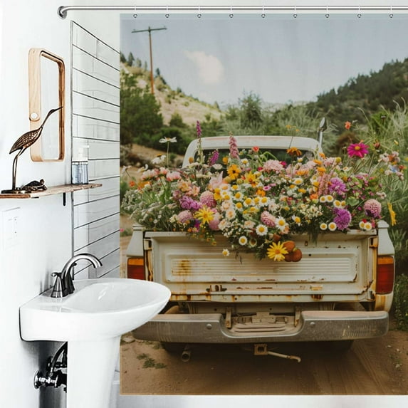 Shower Curtain Spring Summer Vintage Truck Pickup Wild Flowers Polyester Waterproof Home Ration Curtain With Hook