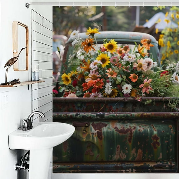 Shower Curtain Spring Summer Vintage Truck Pickup Wild Flowers Polyester Waterproof Home Ration Curtain With Hook