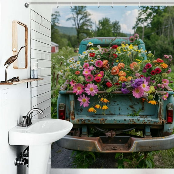Shower Curtain Spring Summer Vintage Truck Pickup Wild Flowers Polyester Waterproof Home Ration Curtain With Hook