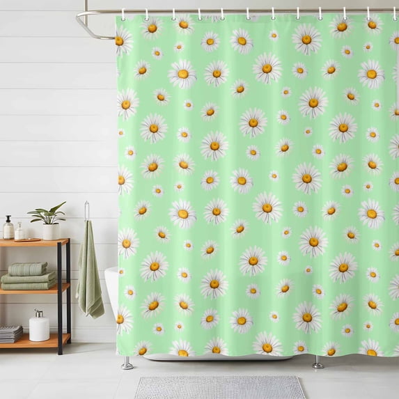 Shower Curtain Spring White Daisy Shower Curtains for Bathroom Decor, Waterproof Polyester Shower Curtain Set with Hooks, Extra Long 72" x 78" Green
