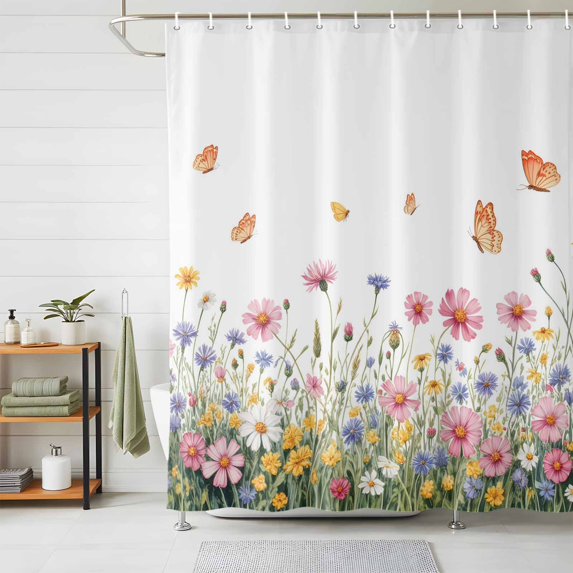 Shower Curtain Spring Wildflower Butterfly Shower Curtains for Bathroom Decor, Waterproof Polyester Shower Curtain Set with Hooks, Small Stall Size 36" x 72" Pink Flower White
