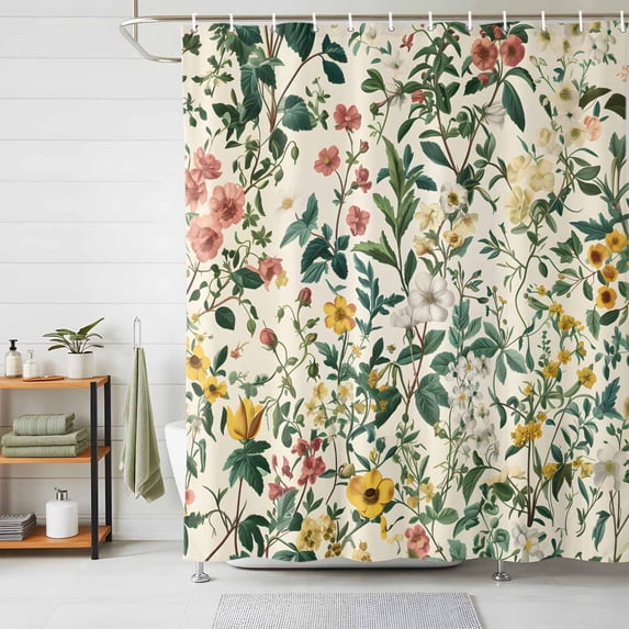 Shower Curtain Spring Wildflower Green Leaf Shower Curtains for Bathroom Decor, Waterproof Polyester Shower Curtain Set with Hooks, Small Stall Size 36" x 72" Vintage Plant White