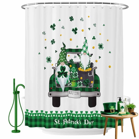 Shower Curtain, St. Patrick Car Gnomes Clovers Coin Elf Hat Waterproof Shower Curtain Set with Hooks for Bathroom Showers,Stalls and Bathtubs,36x72In Buffalo Grid