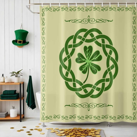 Shower Curtain, St. Patrick's Day Celtic Cone Waterproof Shower Curtain Set with Hooks for Bathroom Showers,Stalls and Bathtubs,72x72In Green Lucky Shamrock on Beige