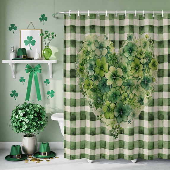 Shower Curtain, St. Patrick's Day Heart Shaped Clovers Waterproof Shower Curtain Set with Hooks for Bathroom Showers,Stalls and Bathtubs,66x72In Watercolor Green Check on Linen
