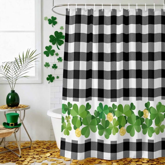 Shower Curtain, St. Patrick's Day Lucky Green Gold Coin Waterproof Shower Curtain Set with Hooks for Bathroom Showers,Stalls and Bathtubs,36x78In Black White Plaid